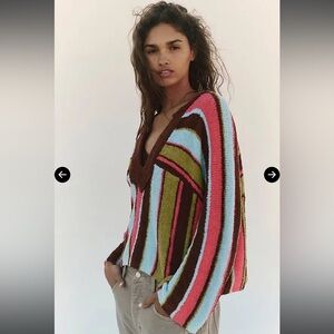 Free People FP Beach Thora Sweater Colorful Striped V-Neck Sweater Size Large